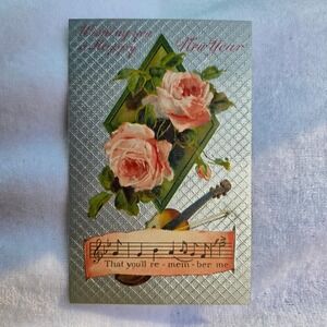 Antique 1909 New Year Postcard Roses Violin Music International Art Publ Co.